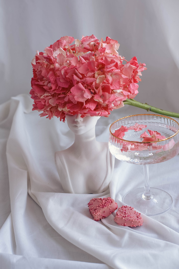 Delicate Pink Hydrangea Flowers and Aesthetic Glass